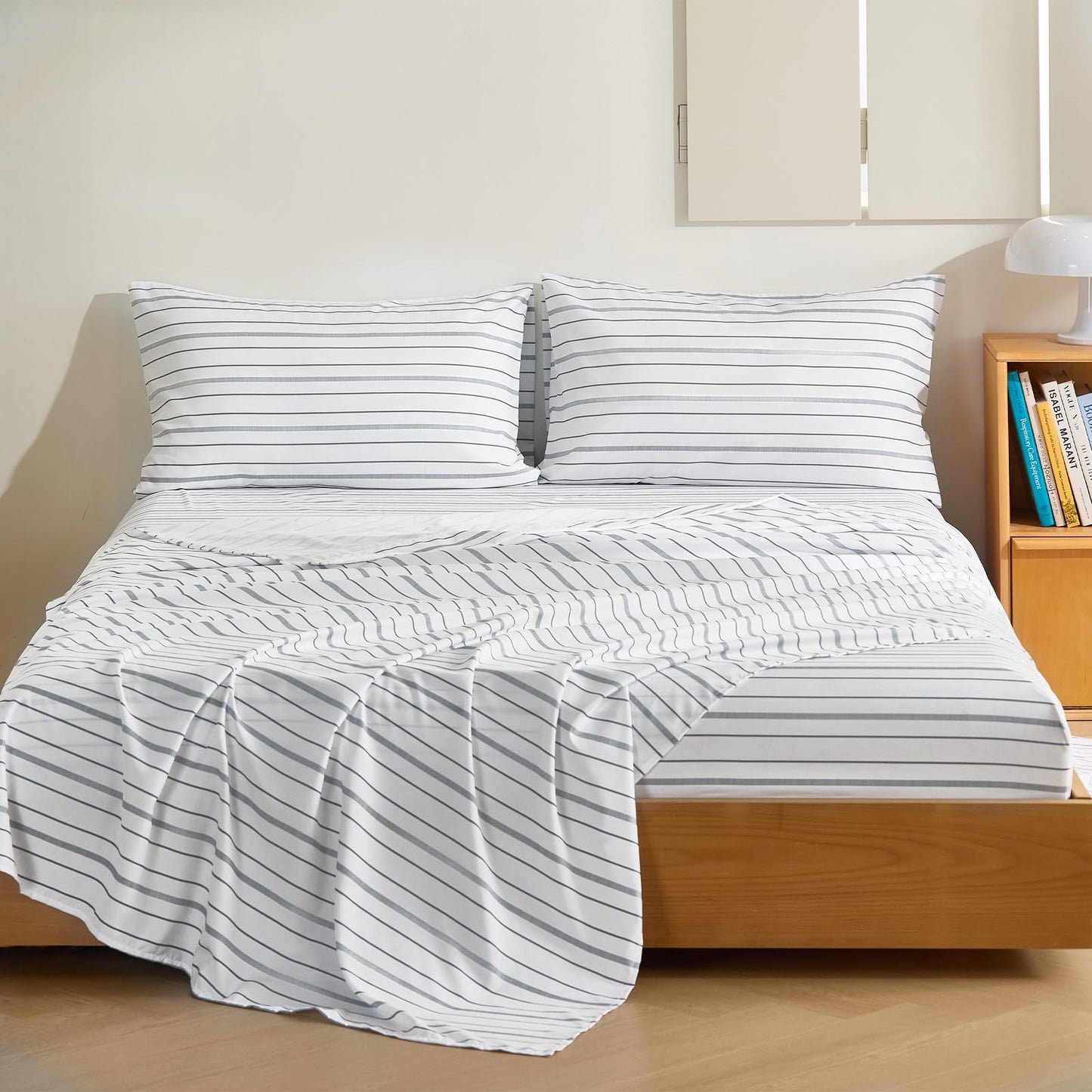 MCO 4Pieces Striped Sheets Set, Breathable King Sheet Set with 16" Deep Pocket,Modern & Luxury, Brushed Microfiber Bedding Set(King, White)
