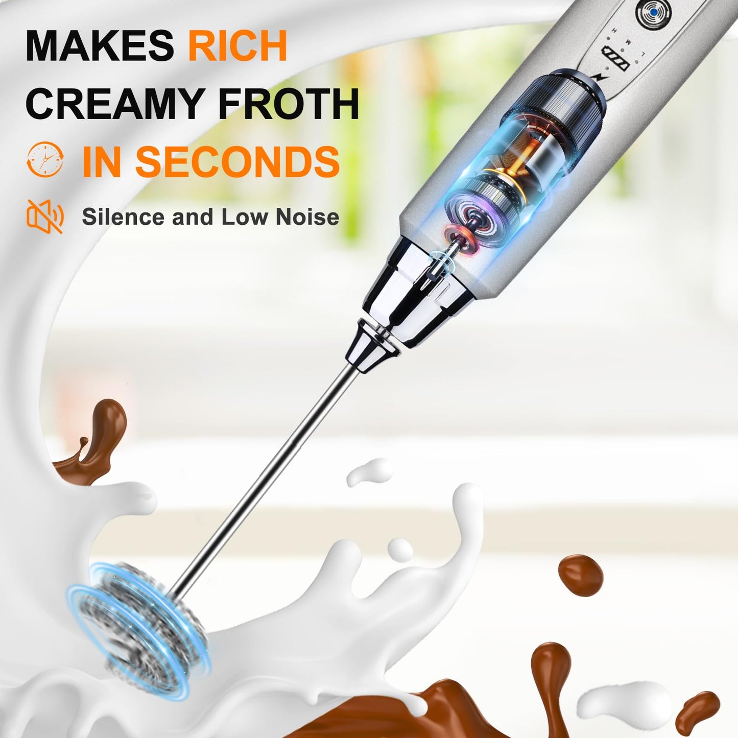 YUSWKO Black Handheld Milk Frother Wand for Coffee, Rechargeable Electric Whisk with 3 Heads 3 Speeds Drink Mixer Coffee Frother For Latte, Cappuccino, Hot Chocolate, Egg