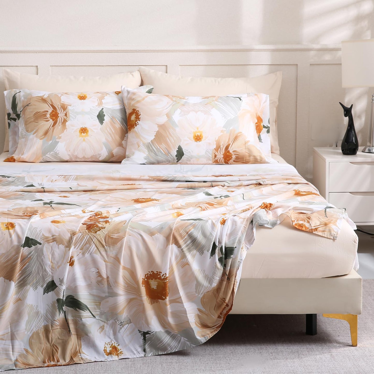 LONAVA Flower King Size 6 Pcs Sheet Set, Breathable Microfiber Deep Pocket Biege Fitted Sheets, Comfy & Breathable Patterned Flat Sheets,4 Gentle Soft Pillowcases, Golden Flower