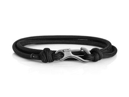 Carabiner Climbing Bracelet - Made from Stainless Steel and Durable Rope - Handmade in The UK - Adjustable Rope Bracelet for Men - Waterproof Climber Bracelet - (Black & Silver)
