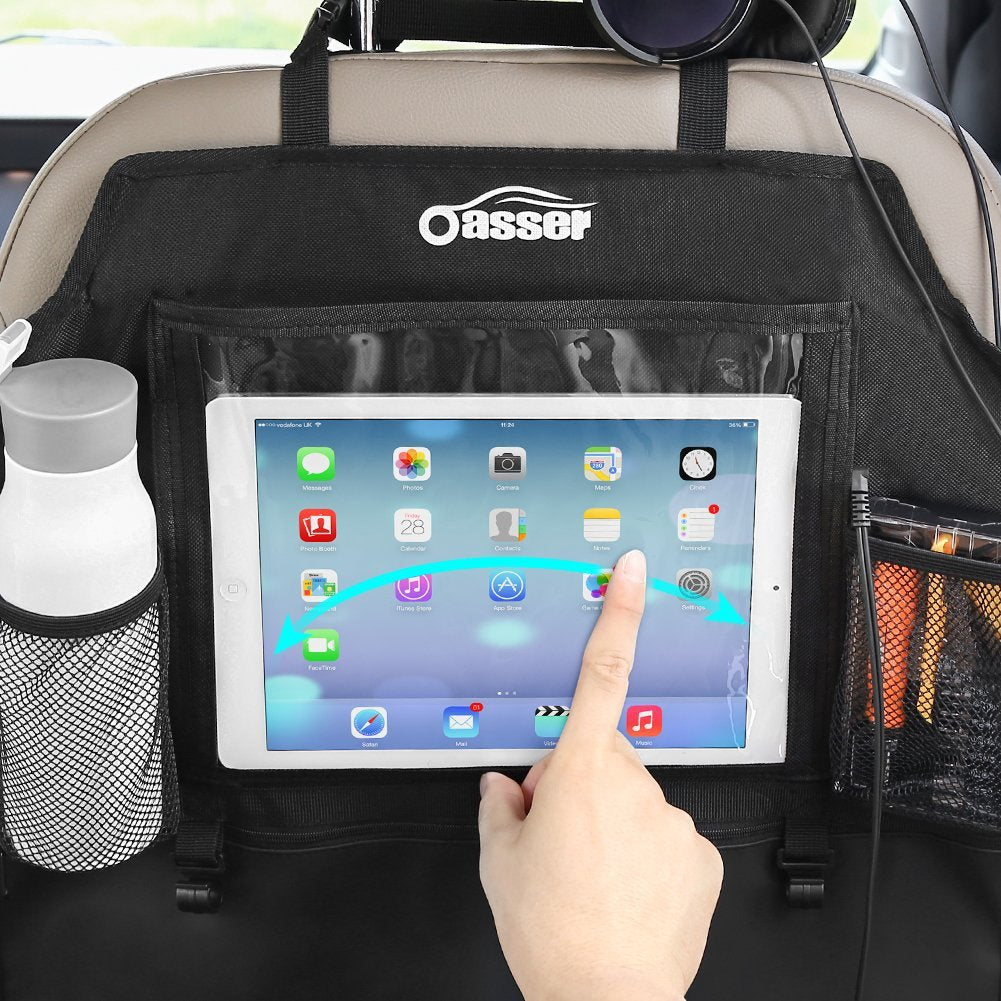 Oasser 2PCS Kick Mats Car Organisers Waterproof Seat Back Protectors with 12.9'' iPad Tablet Touch Screen Holder Multi Pockets Including Tissue Box