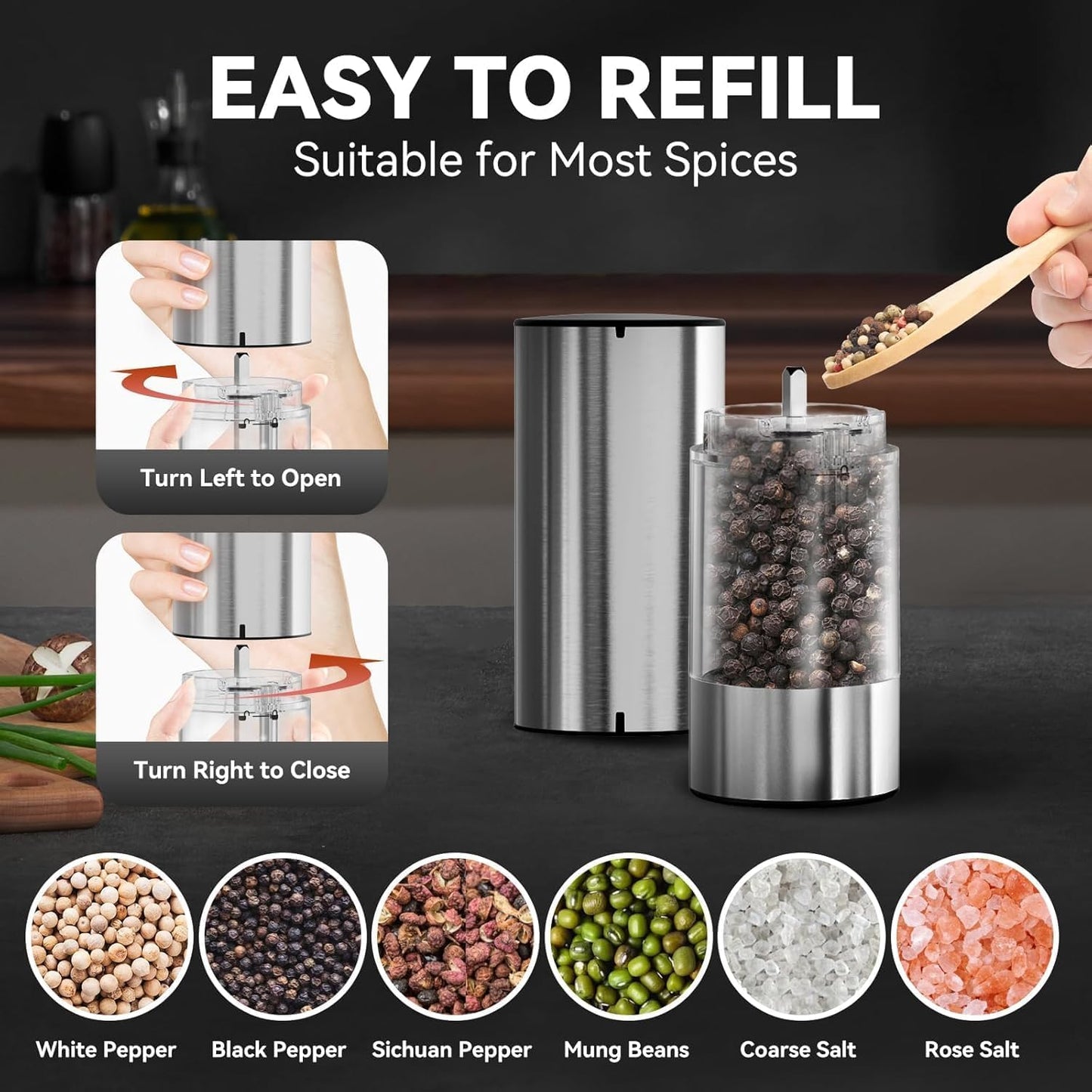 Electric Salt and Pepper Grinder Set Rechargeable, Yumcian Automatic Shakers Set with Adjustable Coarseness and LED Light, Stainless Steel Mill Set, Upgraded Larger Capacity