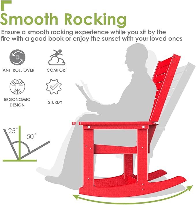 GREENVINES Outdoor Rocking Chairs | Porch Rocker | HDPE Plastic | Red | Oversized Rockers | High Back | Big & Tall | Ladder Back | for Patio Outside Backyard Balcony Garden
