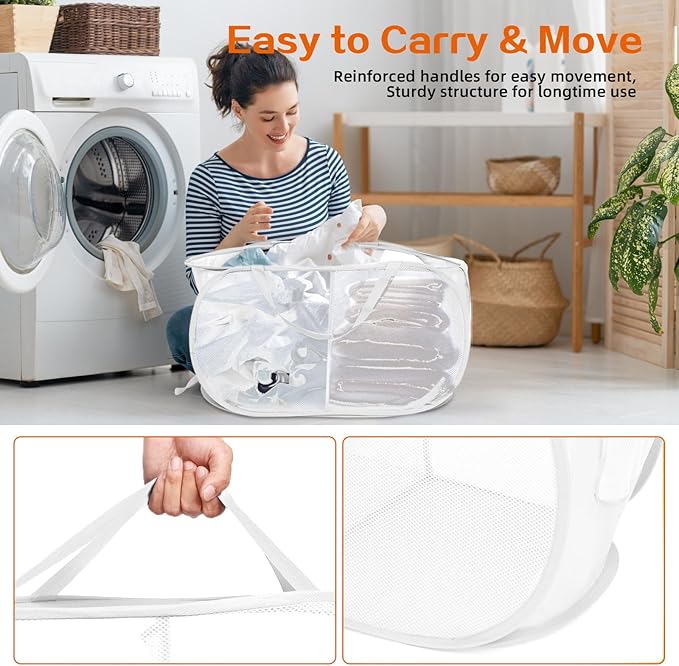 Durable Collapsible Foldable Mesh Pop Up Laundry Basket, 2 Compartments Easy to