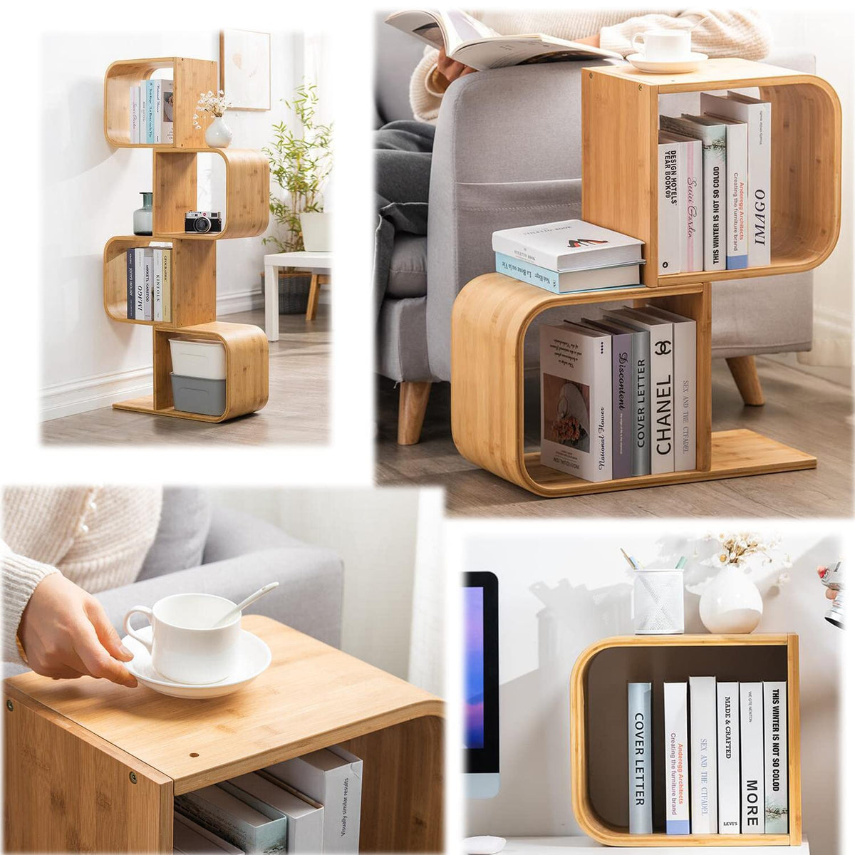 briteman S-Shaped Geometric Modern Bamboo Bookshelf, Large Capacity Creative Display Curved Rack Free-Standing 2 in 1 Bookcase Storage CDs, DVDs Book Shelf for Home, Office, Living Room (NEW 5-Tier)