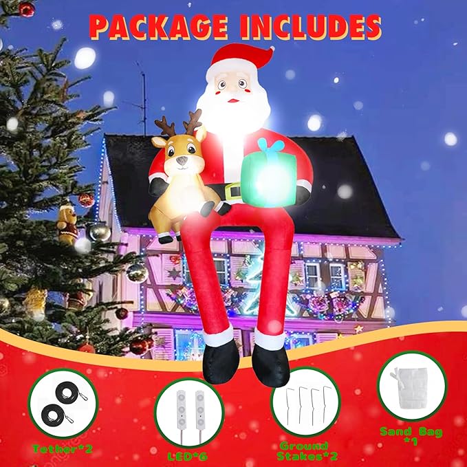 9.5 FT Christmas Inflatable Outdoor Decoration Giant Sitting Santa Claus Christmas Inflatables with LED Lights Climbing Santa Inflatable Blow Up Yard Decorations for Xmas Roof Eaves Lawn