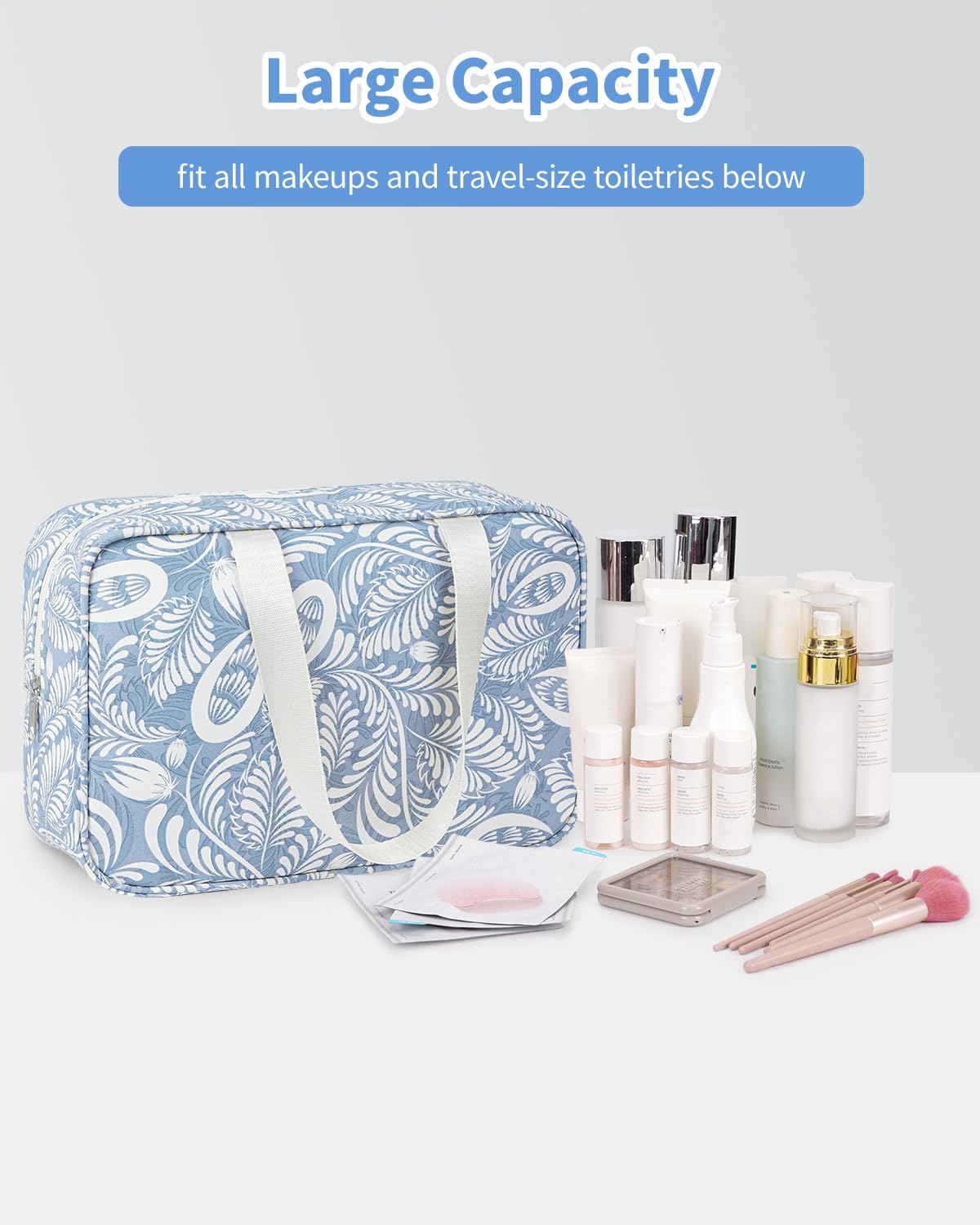 Full Size Toiletry Bag Large Cosmetic Bag Travel Makeup Bag Organizer for Women (Blue Leaf)