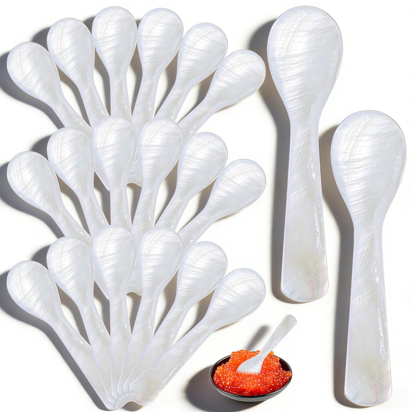 20PCS Mother of Pearl Caviar Spoons, Hand Crafted Shell Spoons with Round Handle for Serving Caviar, Ice Cream, Coffee, Salt & Gourmet Foods (3.5 Inch, White)