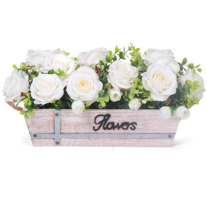 Centerpiece Table Decorations Rustic Wood Tray with 3 Artificial White Rose Flowers and Fake Eucalyptus for Dining Room Farmhouse Living Room Kitchen and Coffee Table Décor