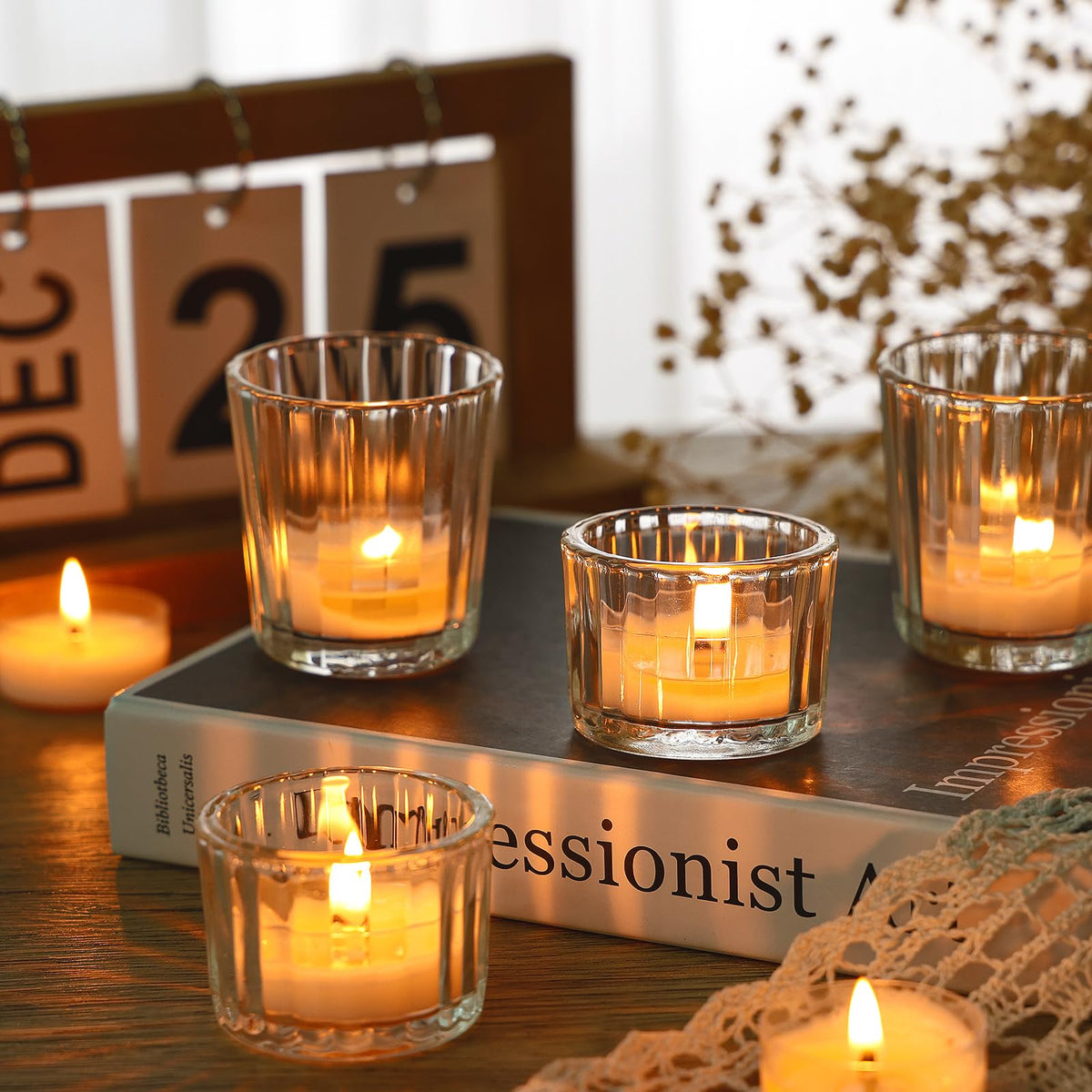SUPMIND 24 Pcs Ribbed Clear Votive Candle Holders – Glass Tea Light Candle Holder for Weddings, Baby Showers, Home Decor, Party Centerpieces, and Table Decoration