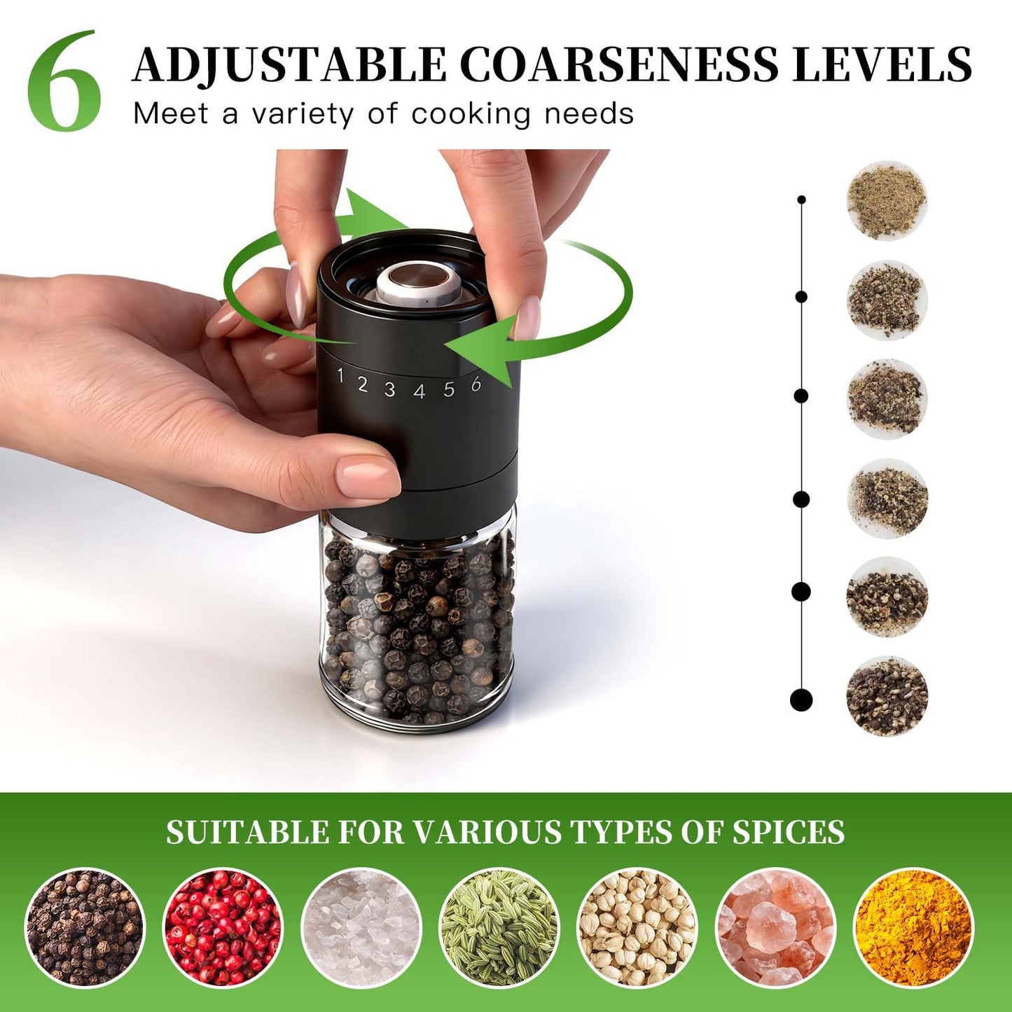 Manual Salt and Pepper Grinder Set, Black Pepper Grinder with Base Cover, 100ml Short Glass Shakers for Peppercorn with 6 Adjustable Coarseness Birthday Gifts for Women Mom