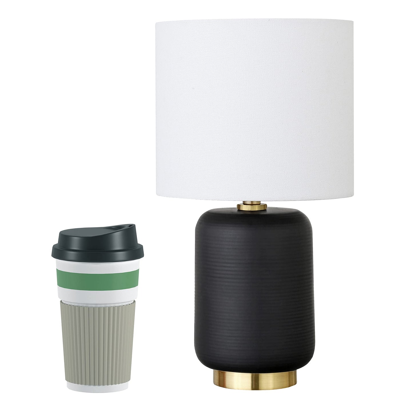 Henn&Hart 15" Modern 1-Light Table Lamp with Chiffon White Fabric Drum Shade for Living Room, Bedroom, or Office, Flat Black