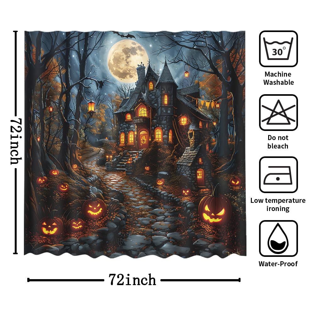 MEHOFOND Halloween Shower Curtain Scary Haunted House Evil Pumpkin Shower Curtains for Bathroom Halloween Full Moon Night Horror Castle Forest Bathtub Decorative Waterproof Fabric 72x72 Inch