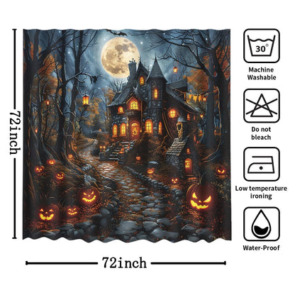 MEHOFOND Halloween Shower Curtain Scary Haunted House Evil Pumpkin Shower Curtains for Bathroom Halloween Full Moon Night Horror Castle Forest Bathtub Decorative Waterproof Fabric 72x72 Inch