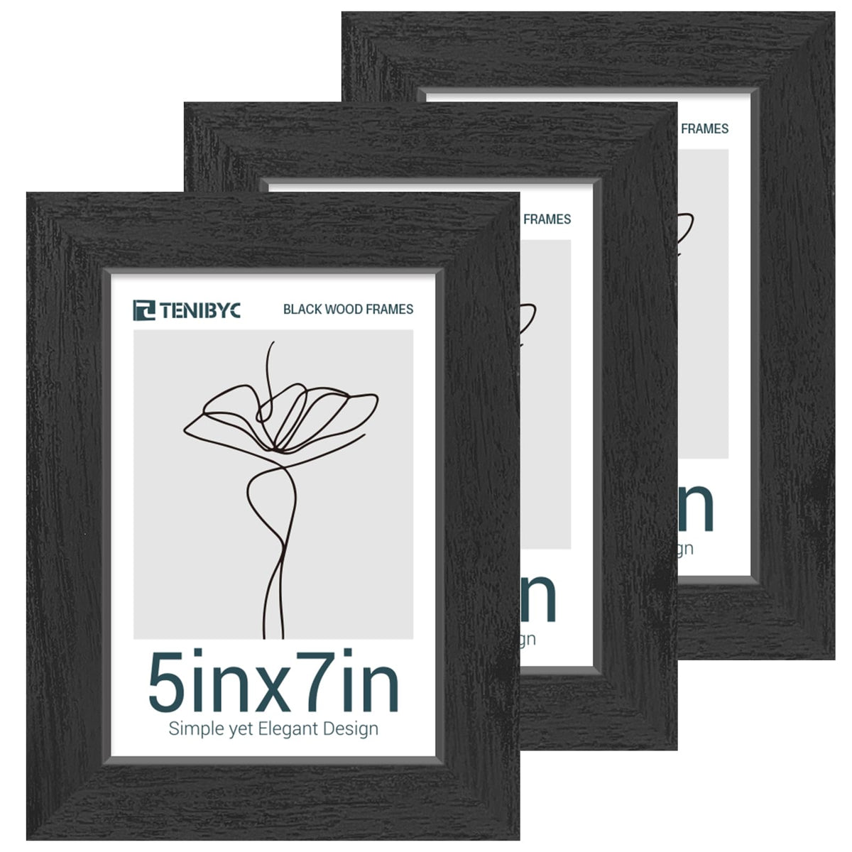 TENIBYC 5x7 Picture Frames Set - 3 Pack - Black Solid Wood Poster Frame - Tempered Glass - Exclusive Woodgrain - Rooms, Offices, Gallery, Studio, and Hallway, Wall Display Decor