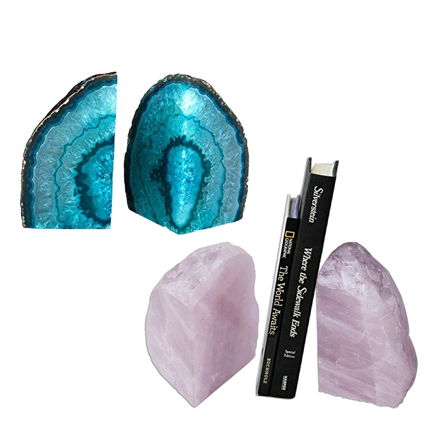 AMOYSTONE Teal Agate Bookends 2-3 lbs & Rose Quartz Book Ends 3-4 lbs for Home Office