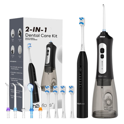 H2ofloss Sonic Electric Toothbrush and Water Flosser Combo, Rechargeable 2000mAh Toothbrush and 2500mAh Oral Irrigator with 300ml Tank, 4 Brush Heads, 5 Nozzles, 2 in 1 for Home and Travel (Black)