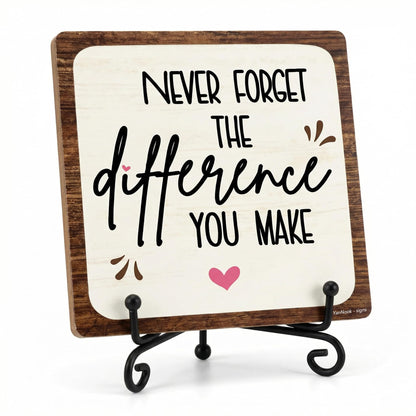 YanNook 5x5 Inch Motivational Desk Decor – “Never Forget the Difference You Make” Wooden Plaque with Metal Stand, Inspirational Office Decor for for Women & Men, Teacher Desk & Home Office, 2604