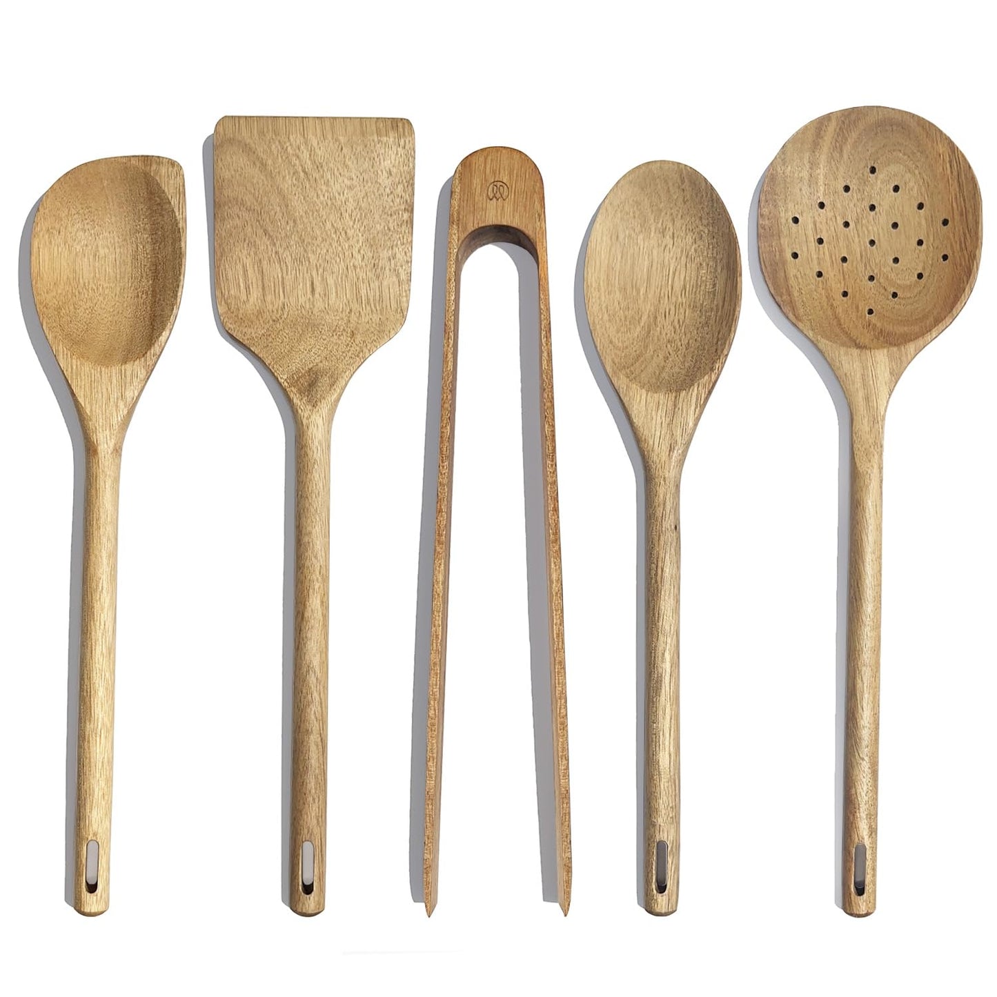 Mitus Non-Toxic Wooden Cooking Utensils - 5 Pcs Natural Acacia Hardwood Set for Nonstick Pans & Cookware - Kitchen Gift Set (Wooden Spoons, Skimmer, Tongs, Spatula)