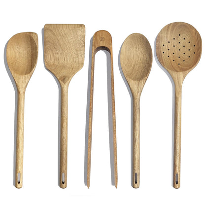 Mitus Non-Toxic Wooden Cooking Utensils - 5 Pcs Natural Acacia Hardwood Set for Nonstick Pans & Cookware - Kitchen Gift Set (Wooden Spoons, Skimmer, Tongs, Spatula)