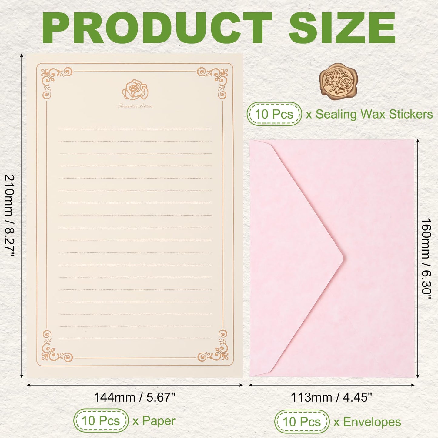 PATIKIL 10 Pack Stationery Paper and Envelopes Set, Stationary Set Letter and Envelopes Vintage Lined Pretty Paper Parchment Retro Elegant with Sealing Wax for Writing Letters Women, Pink