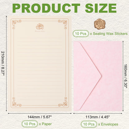 PATIKIL 10 Pack Stationery Paper and Envelopes Set, Stationary Set Letter and Envelopes Vintage Lined Pretty Paper Parchment Retro Elegant with Sealing Wax for Writing Letters Women, Pink