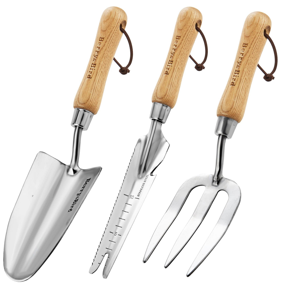 Berry&Bird Gardening Hand Tool Set - 3PCS Stainless Steel Garden Tool Kit Multifunctional Tool with Wooden Handle Trowel, Fork & Weeder for Weeding Planting Transplant, Ideal Garden Gift for Women&Men