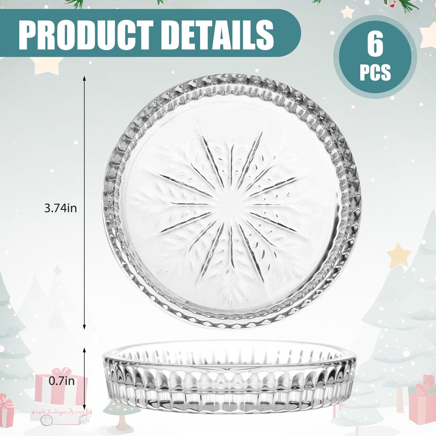 Ferrochef 6 Pcs Round Glass Candle Holder, 3.74 Inch Clear Winter Snowflake Candle Plate Crystal Votive Candles Coasters for Christmas Winter Weddings Party Holiday Birthday Home Table Decor