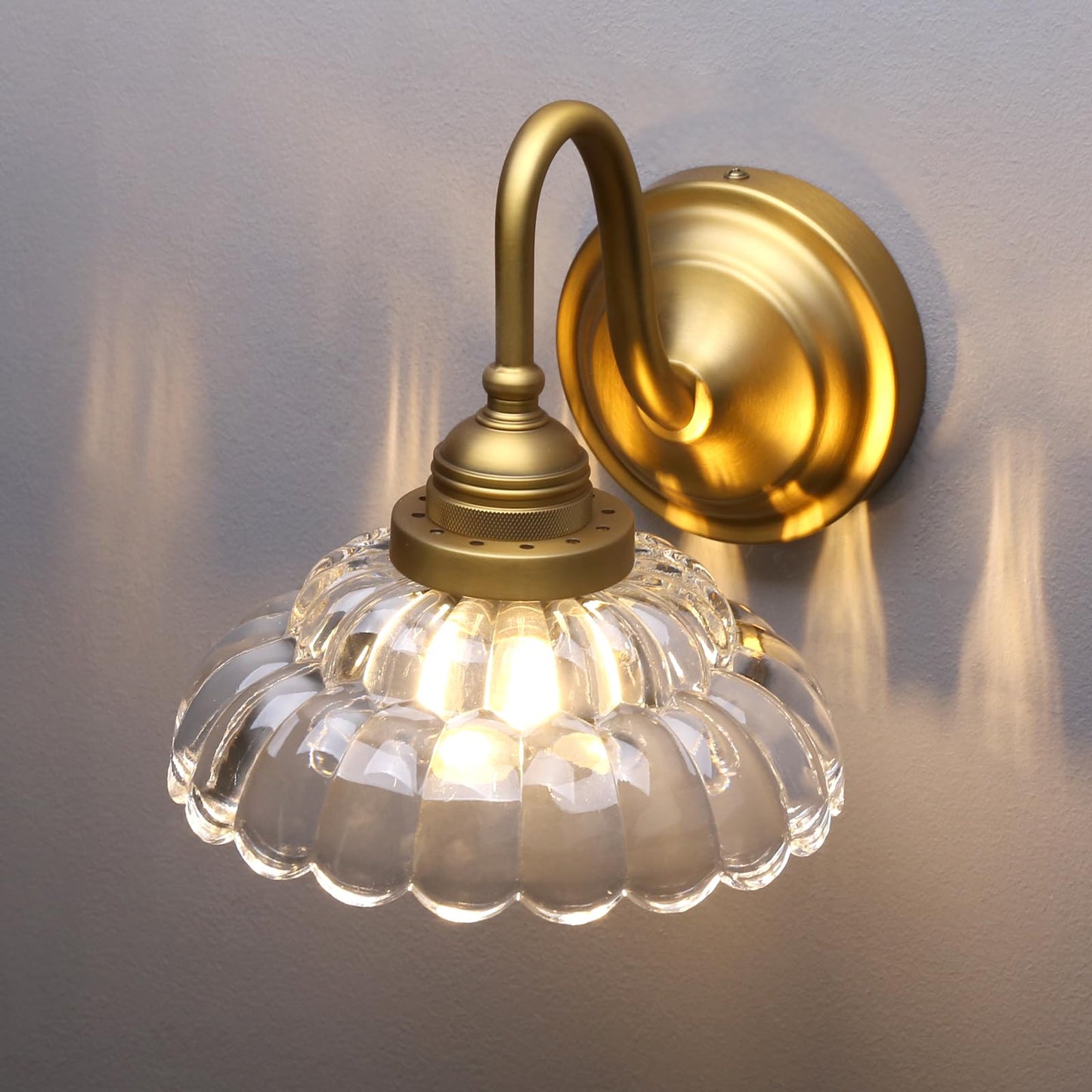 PERMO Vintage Gold Wall Sconce with Clrar Lotus Glass Shade Hardwired Bathroom Vanity Light for Mirror, Bedroom & Hallway