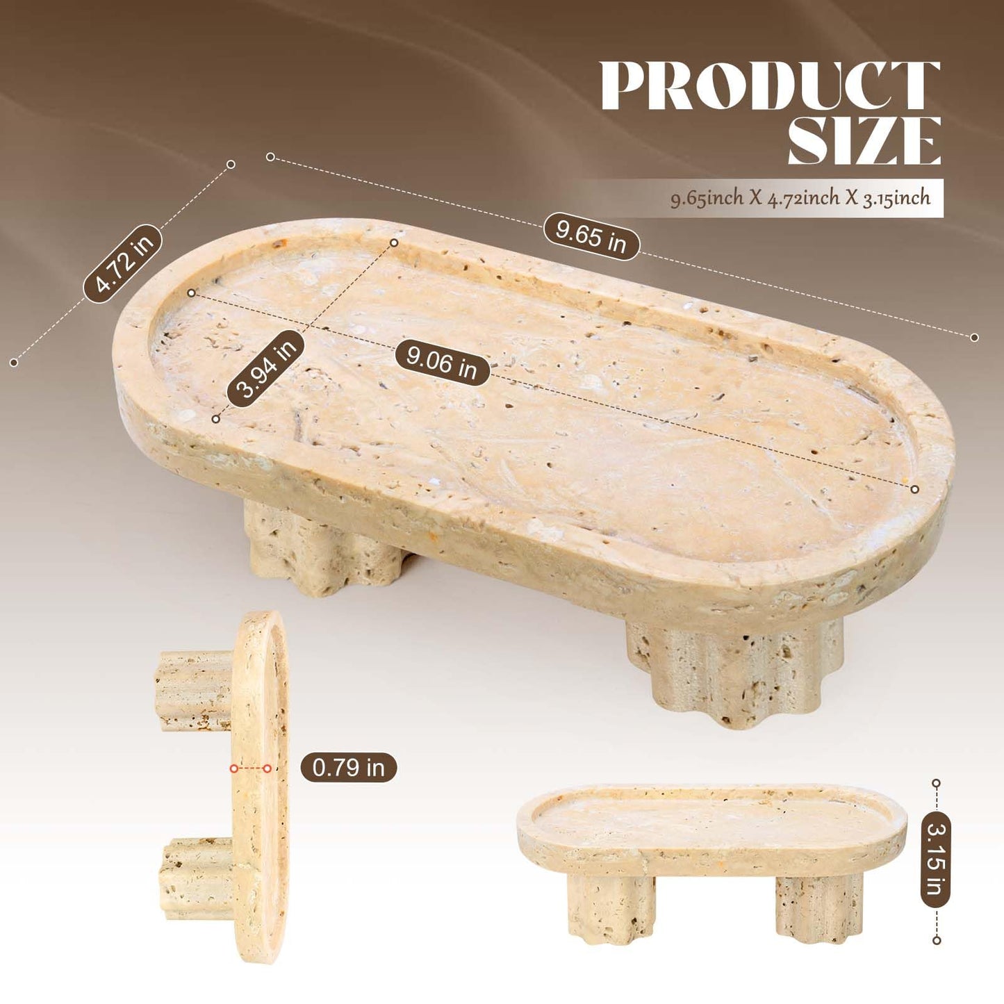 Axiqunel Natural Travertine Oval Tray with 2 Legs, 9.6"x4.7" Vanity Decorative for Countertop Ornaments, Catchall for Perfume, Candles, Jewelry Dish & Home Decor