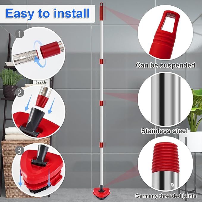 4-Section Stainless Steel Spin Mop Handles, Mop Base & Upgrade Scrub Brush Combo