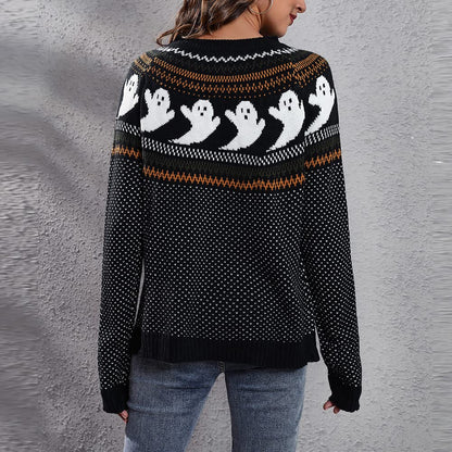 JUNBOON Women Vintage Polka Dot Halloween Knitted Sweater Long Sleeve Crewneck Cute Ghost Pattern Streetwear Jumper