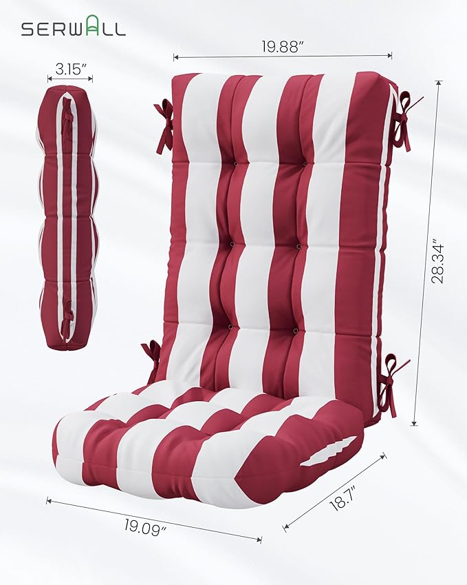 SERWALL HDPE Outdoor Rocking Chair Cushion Set of 2, Memory Foam Cushion Red White