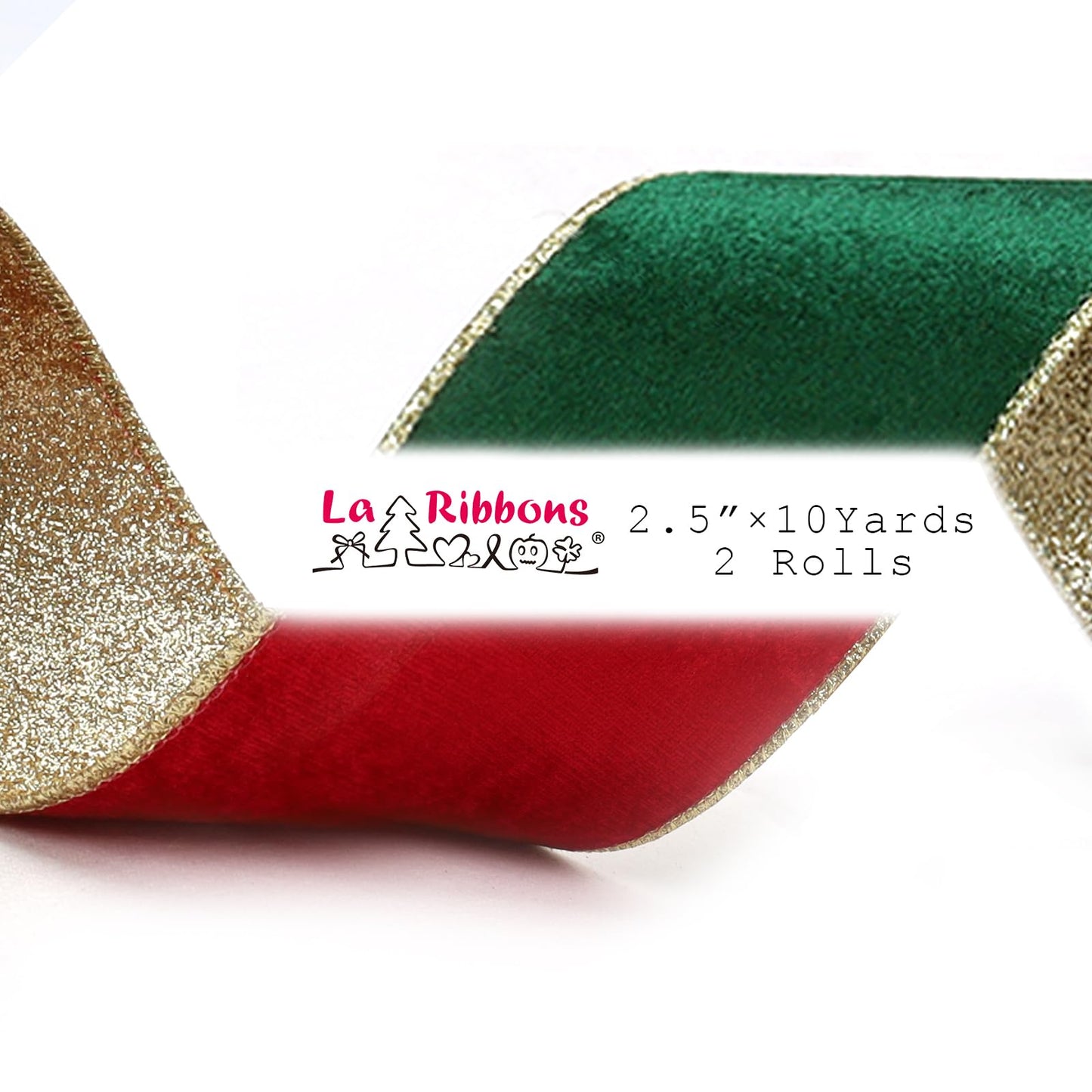 LaRibbons Christmas Velvet Ribbon Wired 2.5 Inches Wide (2 Rolls 20 Yards TTL) Double Faced Red Green and Gold Glitter Velvet Ribbon for Christmas Tree Garland, Gift, Bow, Home Decor