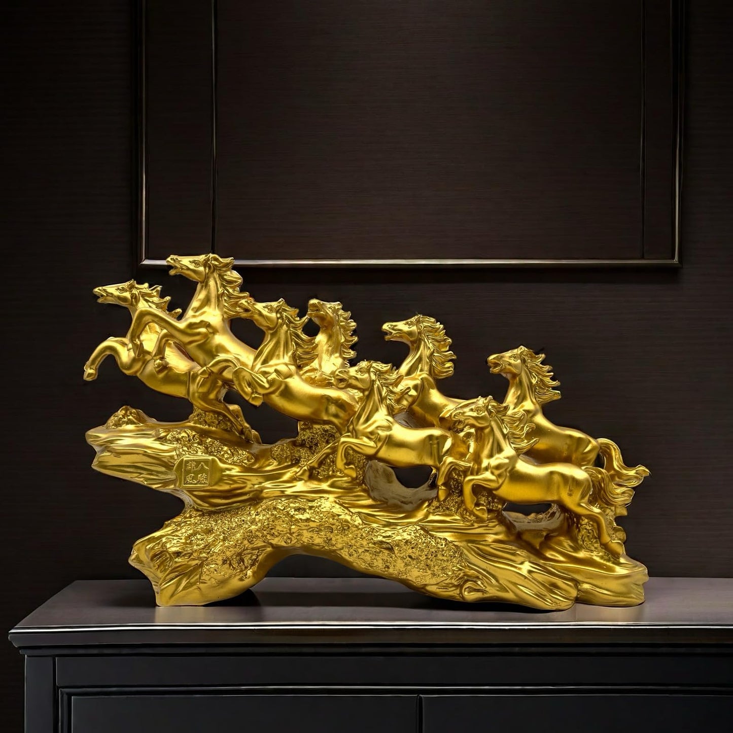 FUNSXBUG Chinese Feng Shui Horses Statue Sculpture - Resin Running Horse Figurines Home Office Decoration Tabletop Decor Ornaments for Wealth and Success Good Lucky Gifts Gold
