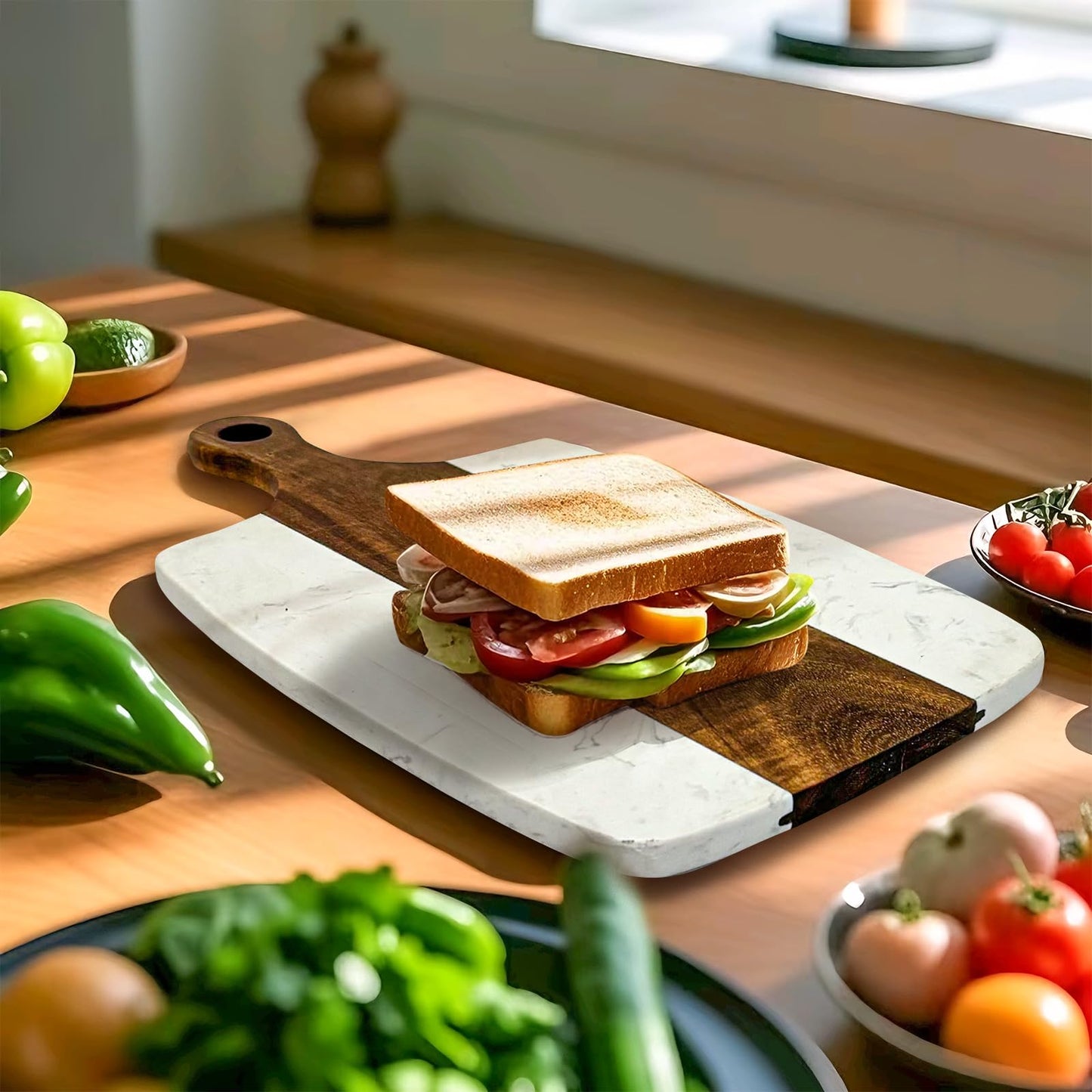 6 Pack Marble and Wood Cutting Board Acacia Wooden Marble Serving Tray with Handle Charcuterie Chopping Board for Laser Engrave, DIY Gift(13.75 Inches x 7.25 Inches)
