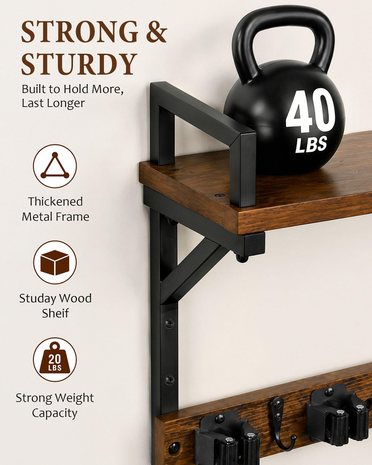 Lorbro Broom Holder Wall Mount with Cleaning Supplies Storage, Heavy Duty Broom and Mop Organizer Wall Hanging, Wooden Mop Organizer Hanger, 3 in 1 Storage Shelves for Laundry Room, Garage, Closet