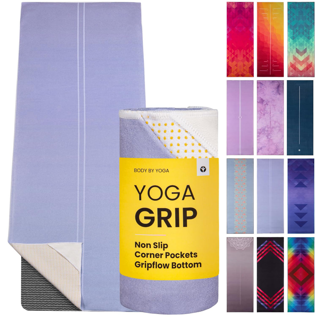 Yoga Grip Yoga Towel - Non Slip Hot Yoga Mat Towel With Corner Pockets, No-Skid Grip, and Built-in Alignment Lines | Soft, Moisture Wicking, and Sweat Absorbent | No Bunching, Stays in Place 72" x 25"