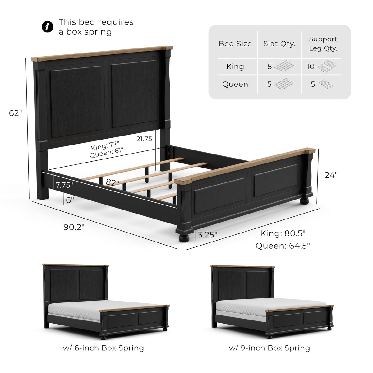 Furniture of America Narella Modern Farmhouse Solid Wood Bed Frame with Panel Headboard, Wooden Bedframe for Bedroom, Guest Room, Box Spring Required, Black/Rustic Oak, Queen