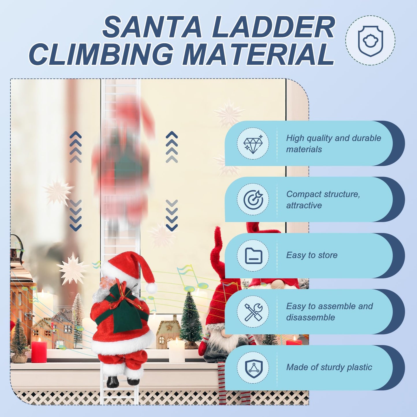 Electric Santa Ladder with Climbing Santa Claus,Singing Santa Christmas Plush Toys Decorations with Music for Xmas Tree Ornament Indoor