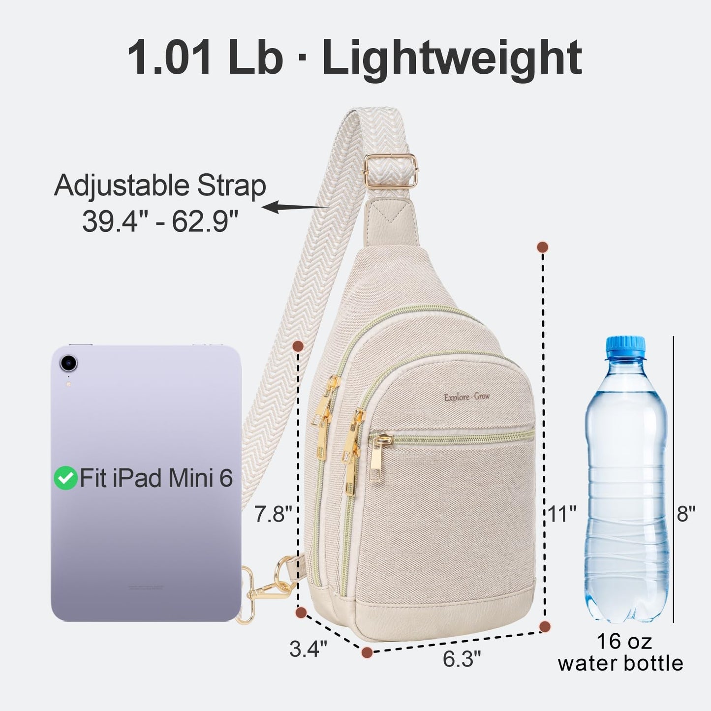 Packism Travel Sling Bag for Women Valentine's Day Gift with Box and Message Card - Anti-Theft Canvas Crossbody Bag with 7 Pockets, Leather Bottom, Fits iPad Mini, 6.3x3.4x11 Inches, Beige