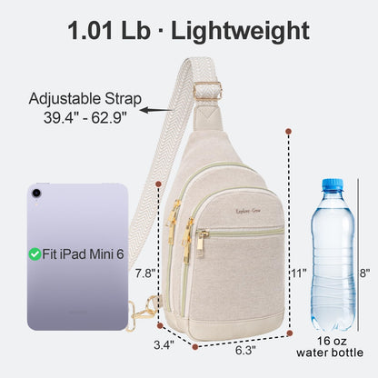 Packism Travel Sling Bag for Women Valentine's Day Gift with Box and Message Card - Anti-Theft Canvas Crossbody Bag with 7 Pockets, Leather Bottom, Fits iPad Mini, 6.3x3.4x11 Inches, Beige
