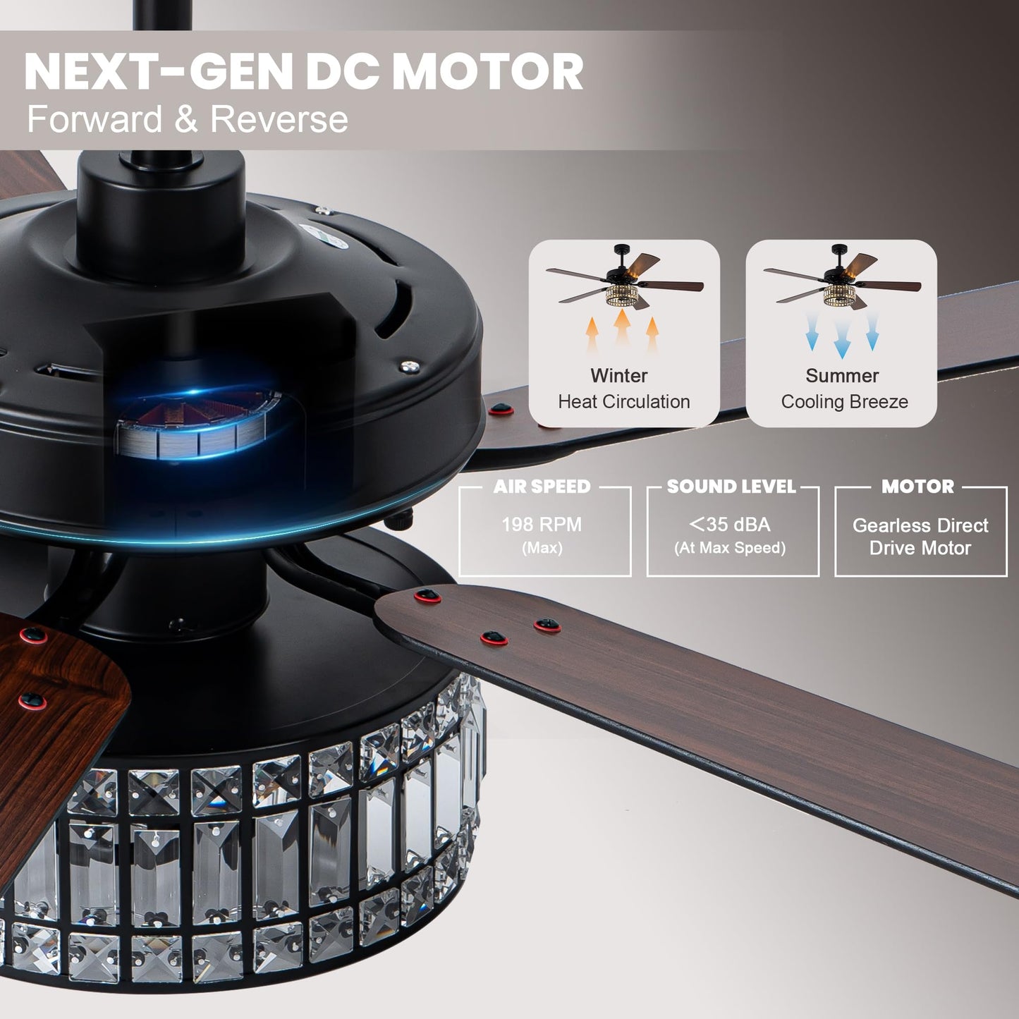 Dawn Whisper 60 Inch Crystal Chandelier Ceiling Fans with Lights Black Large Modern Ceiling Fans for Living Room Bedroom Quiet and Reversible DC Motor 6 Speeds Enegery Efficient