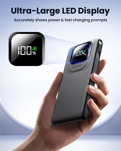 Portable Charger with Built-in Cables,22.5W Super Fast Charging Power Bank Slim Phone Charger,10000mAh Travel Battery Pack Battery Bank with Smart LED Display for iPhone, Android & USB-C Devices