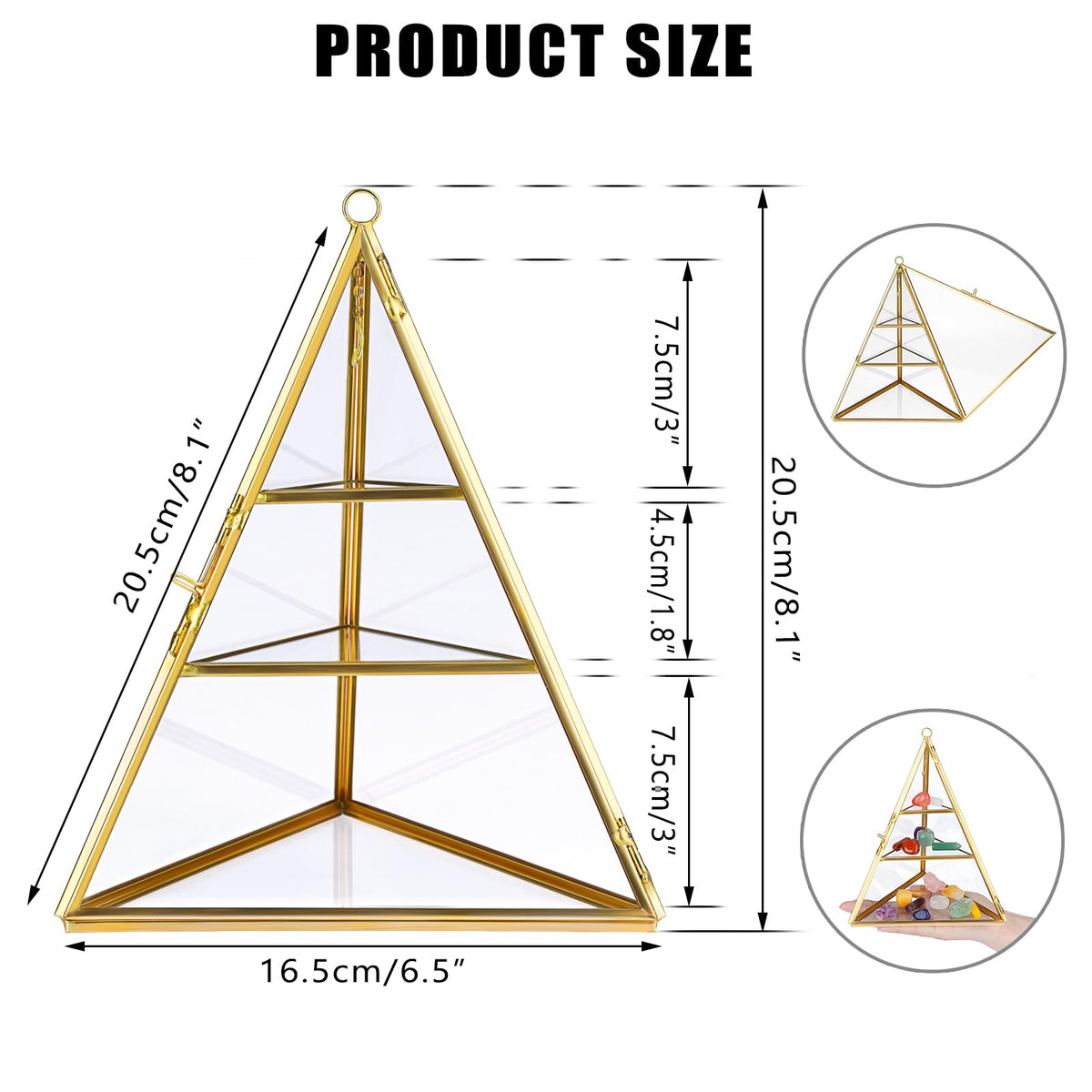 ELLDOO 3 Tier Glass Display Case for Collectibles, Triangular Crystal Display Shelf, Crystal Holder Decorative Display Tray for Crystals Healing Stones Marbles, Gold Metal Jewelry Display Stand