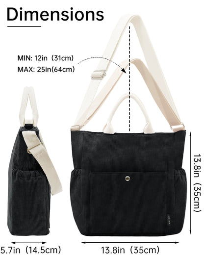 Prite Corduroy Tote Bag for Women with Zipper Large Capacity Shoulder Bags with Adjustable Strap and Pockets Waterproof Handbag for Work School Shopping Travel College (Black)