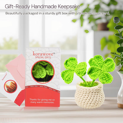 korawove Good Luck Gifts for Mom - Cute St. Patricks Day, Mothers Day, Birthday Gifts for Women, Mother, Mama - Emotional Support Crochet Plants - Handmade Crochet Lucky Clover Pots.