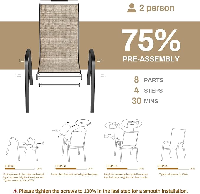 TLSUNNY Patio Chairs, Stackable Textilene Outdoor Dining Furniture for All Weather, with 17.7″ Wide Seat & Metal Frame, for Garden, Backyard, Deck, Restaurant, Poolside (4, Brown, 26.4″)
