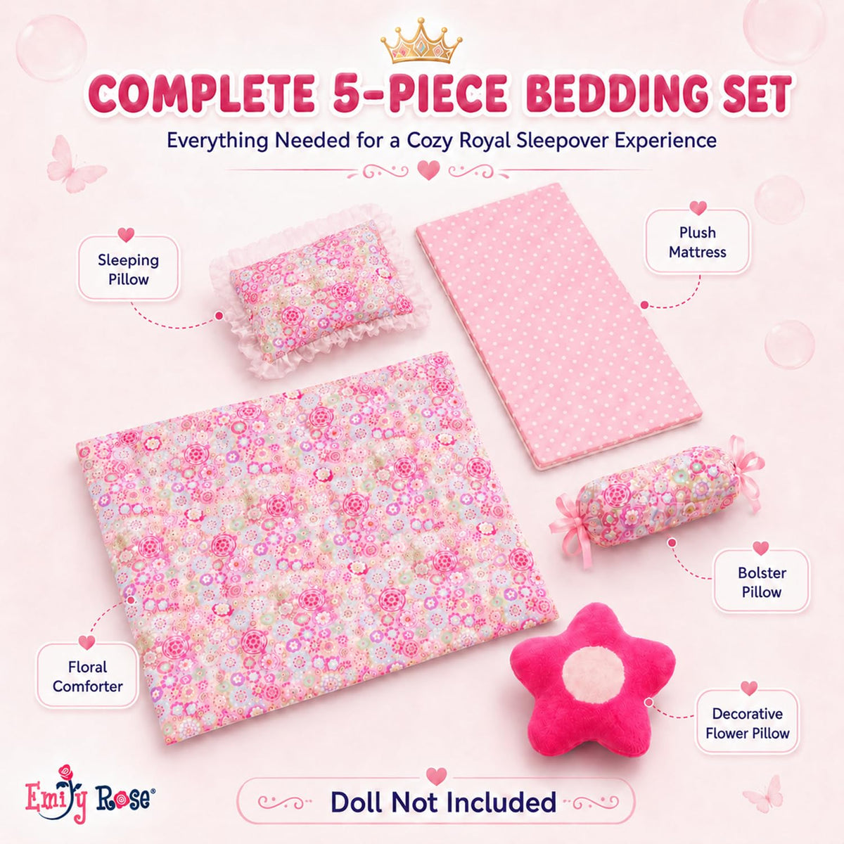Emily Rose 18" Doll Princess Canopy Bed - White Wood with Pink Tulle Curtains, 5-PC Bedding Set & Storage Drawer - Fits American Girl Dolls - Royal Bedroom Furniture