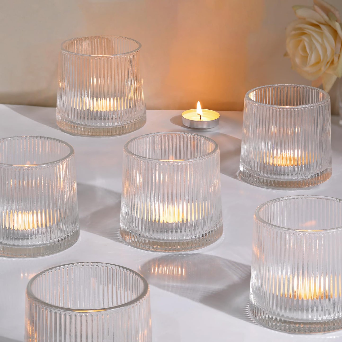 DARJEN Clear Ribbed Tealight Votive Candle Holders- 6Pack Glass Candle Holders for Table Centerpiece, Home Decor, Wedding Decor, Party Dinner